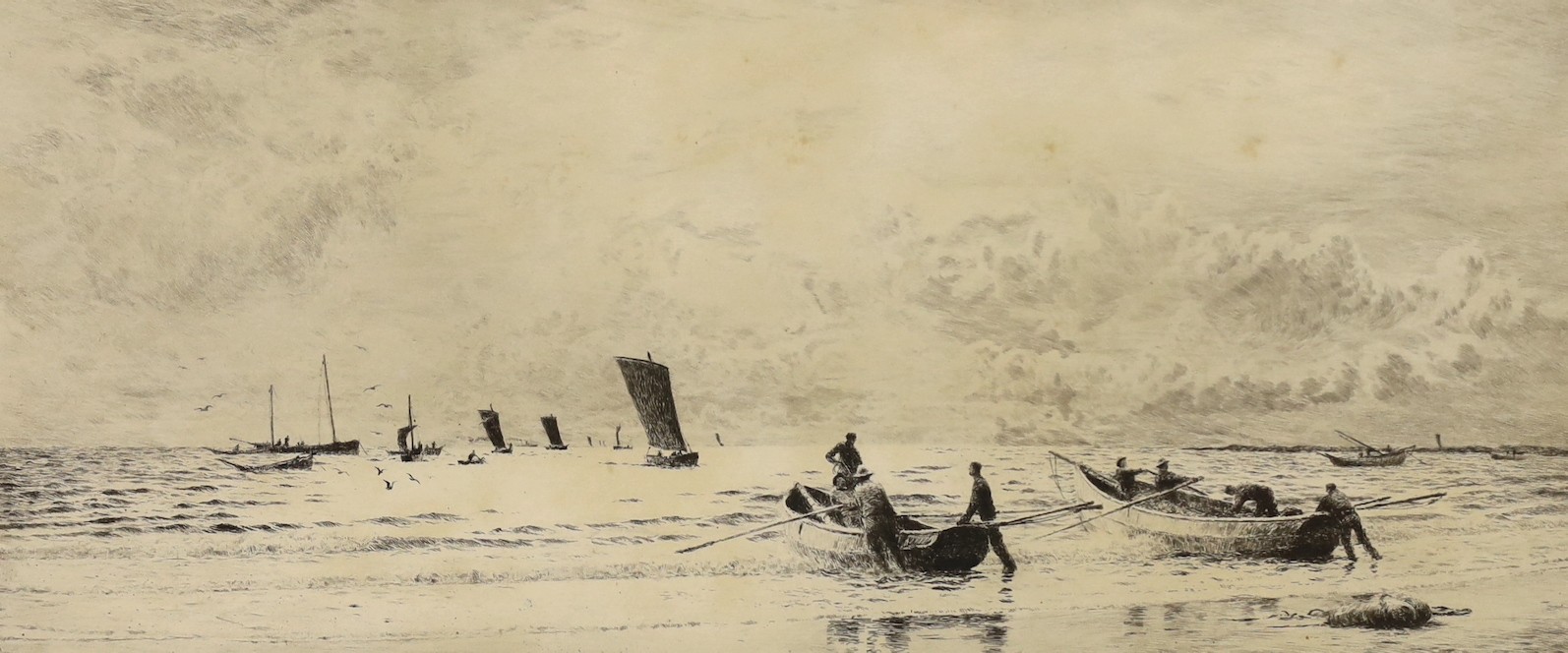 William Lionel Wyllie, etching, “Cobles at Newbiggin”, signed, 24 x 51cm